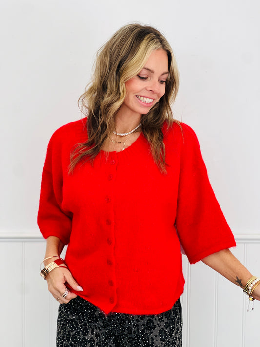 Red Boxy Knit Short Sleeved Cardigan (Reg.)