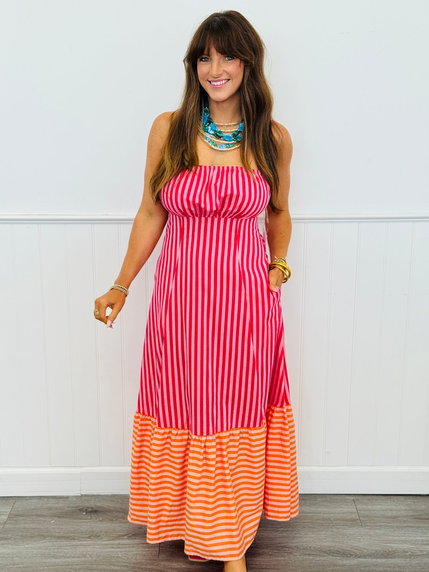 Hot Pink Striped Back Bow Tie Midi Dress (Reg.)