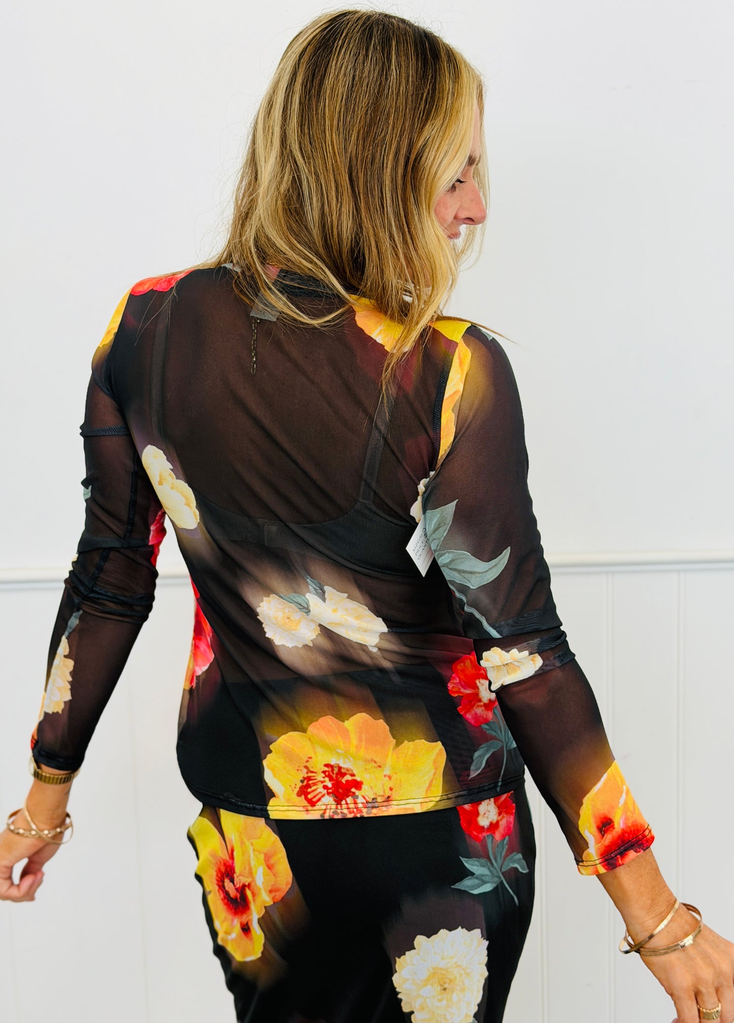 Black/Red Floral LS Mesh Top (Reg. and Plus)