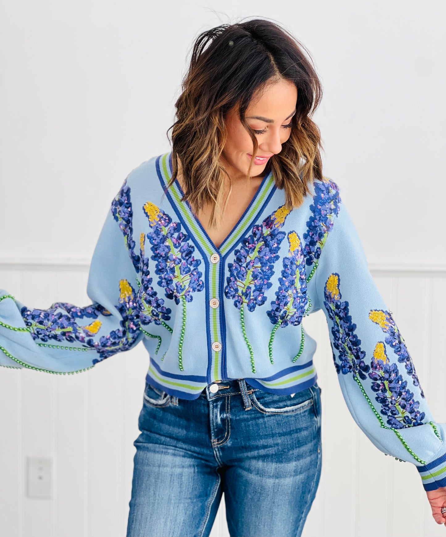 Queen Of Sparkles Pale Blue Bluebonnets Cardigan (Reg. & Plus)