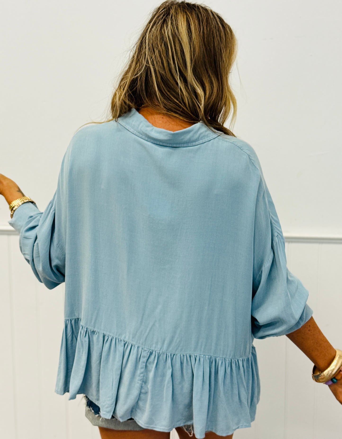 Washed Blue Ruffle Detailed Blouse (Reg. & Plus)