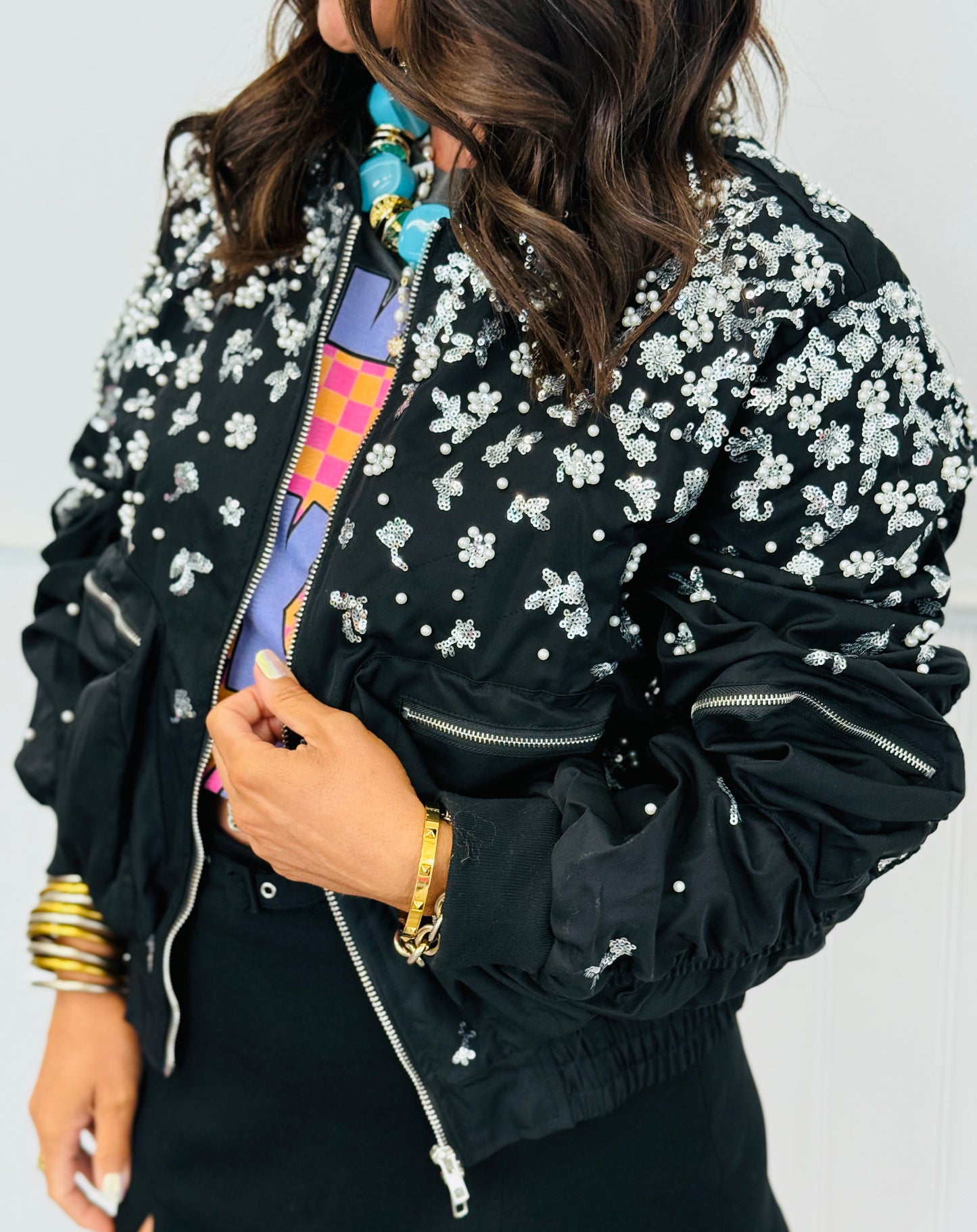 Black Beaded Sequin Zip Up Jacket (Reg.)