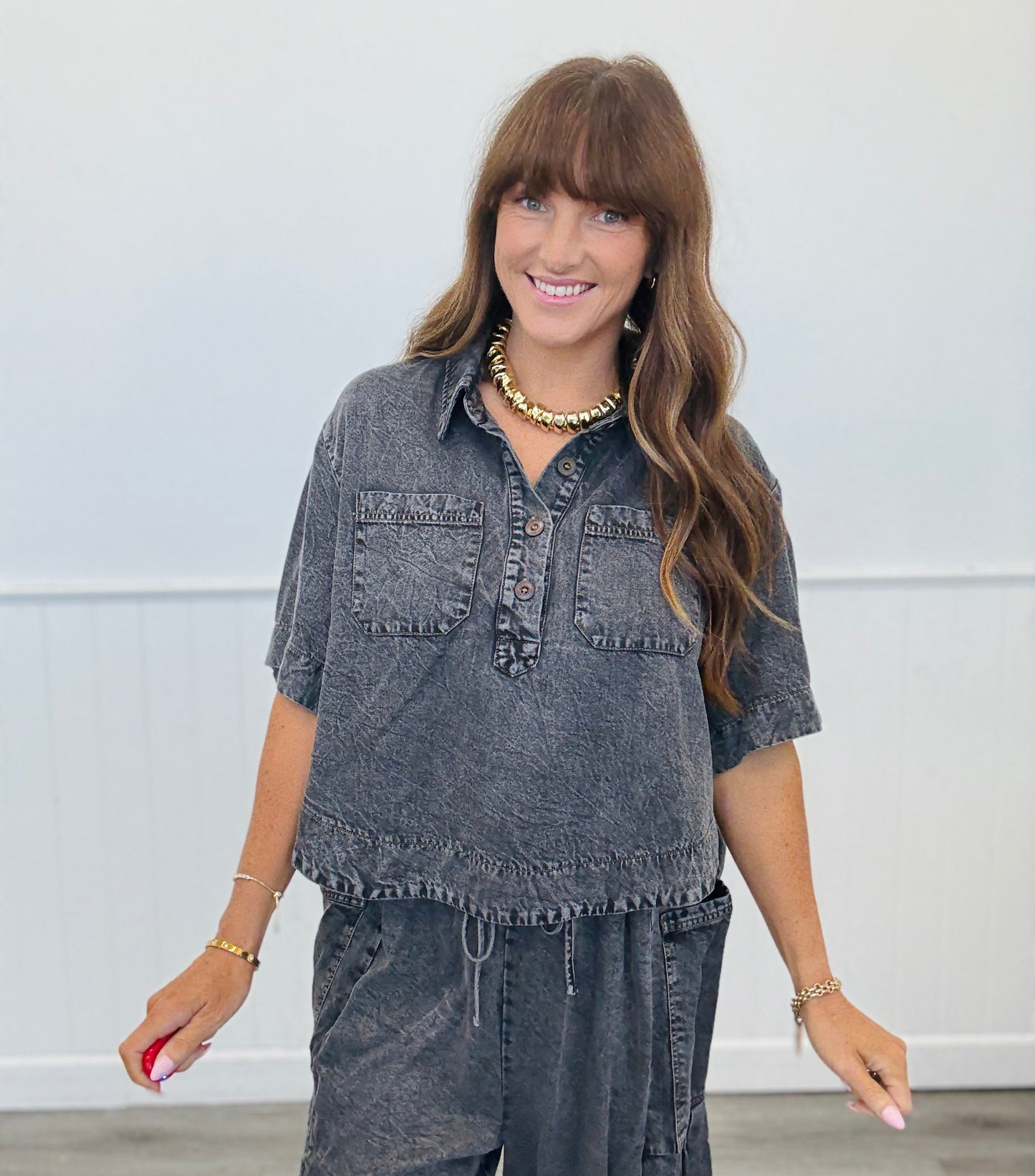 Washed Black Collared Half Button Up Top (Reg.)
