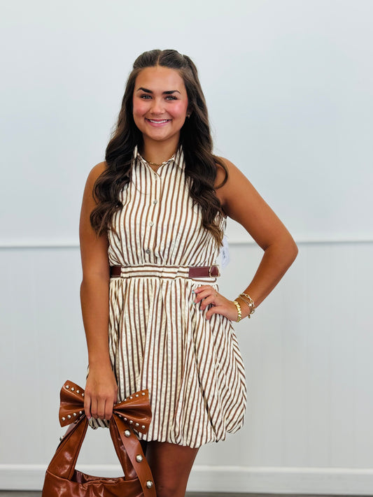 Brown Striped Bubble Hem Mini Dress (Reg.)