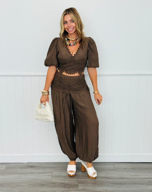 Coffee Elastic Cuff Top & Pant Set (Reg.)