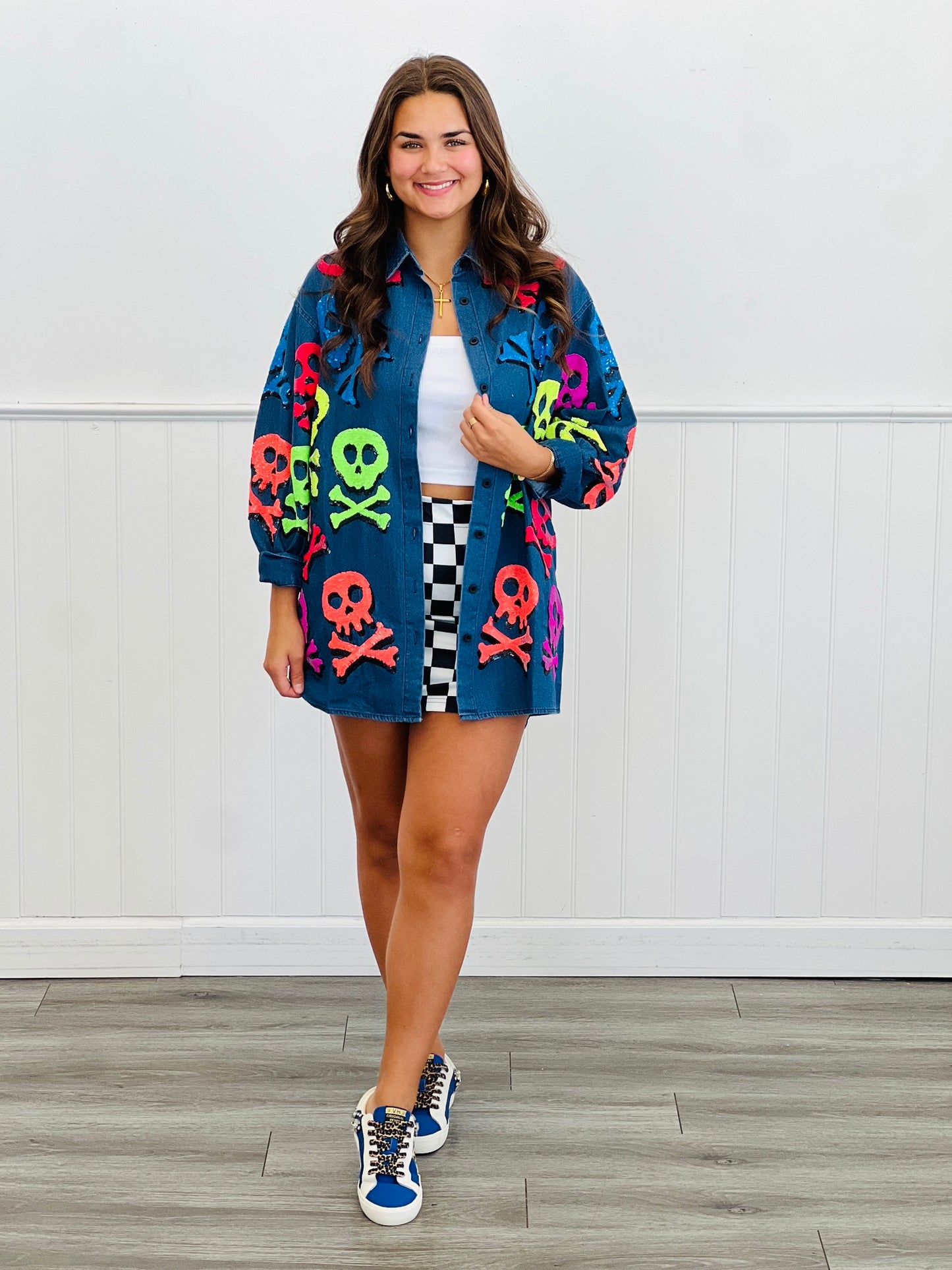 Queen Of Sparkles Denim Neon Skull & Crossbones Button Up Tunic Top (Reg. and Plus)