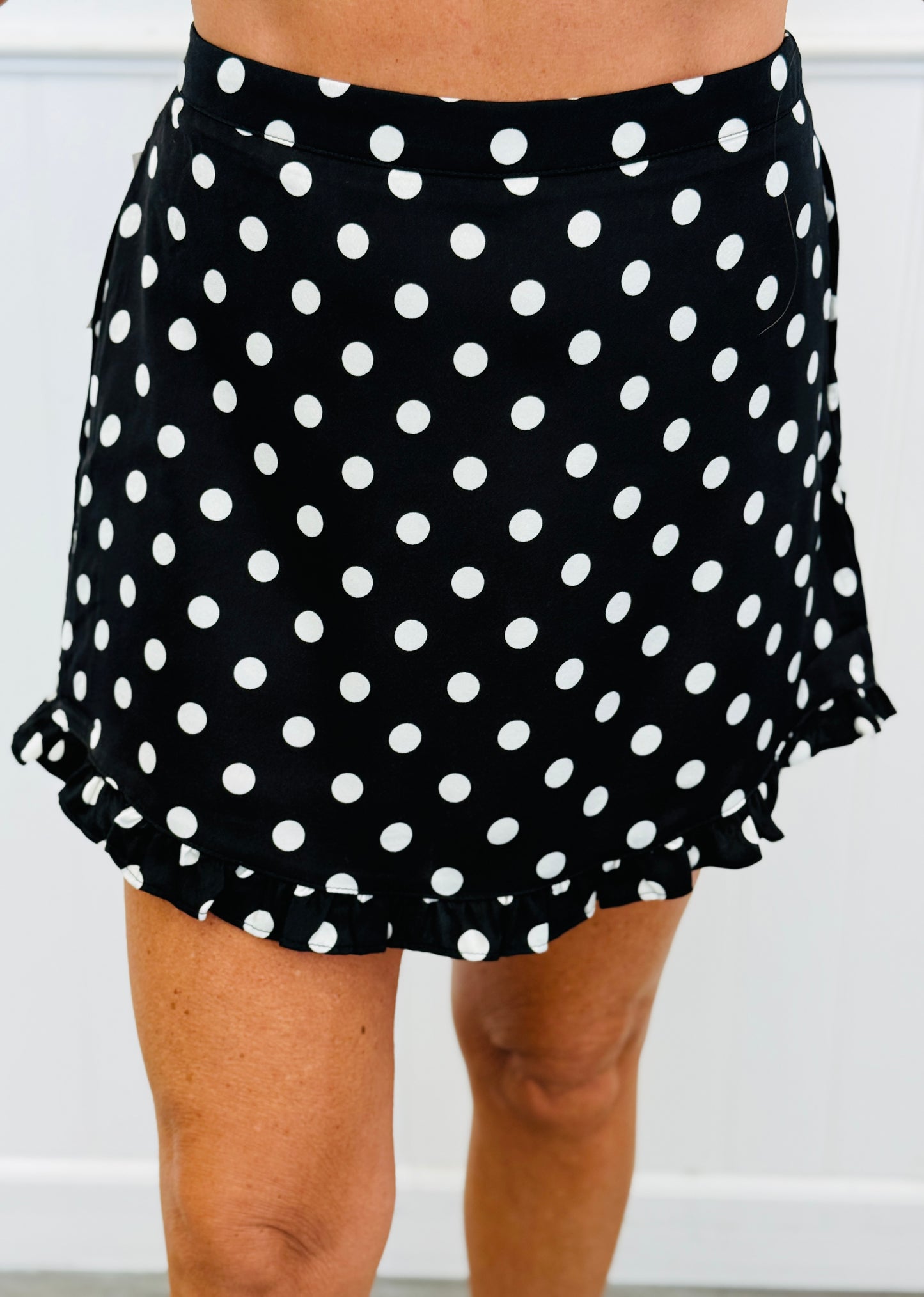 Black Polka Dot Ruffle Hem Mini Skort (Reg.)