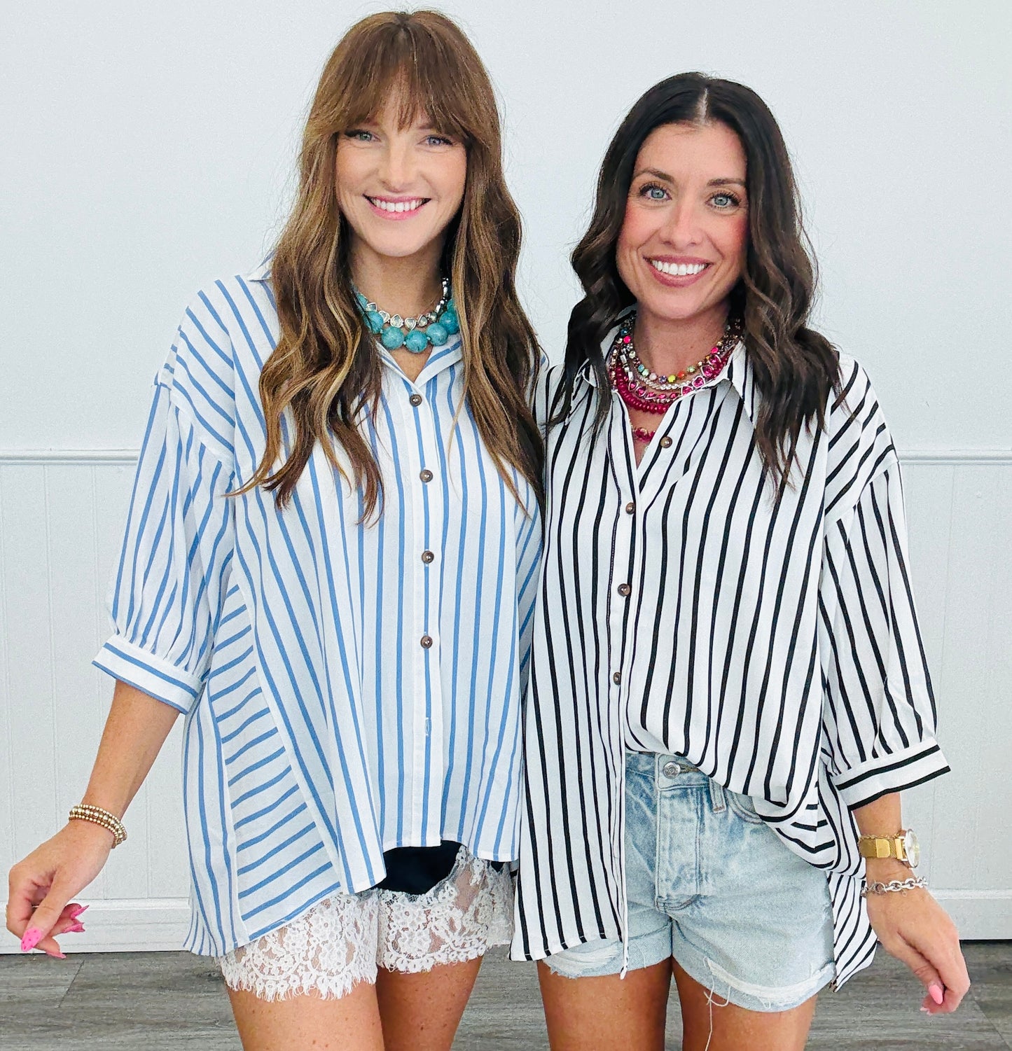 Half Sleeve Striped Button Down Shirt (Reg & Plus)-2 Colors