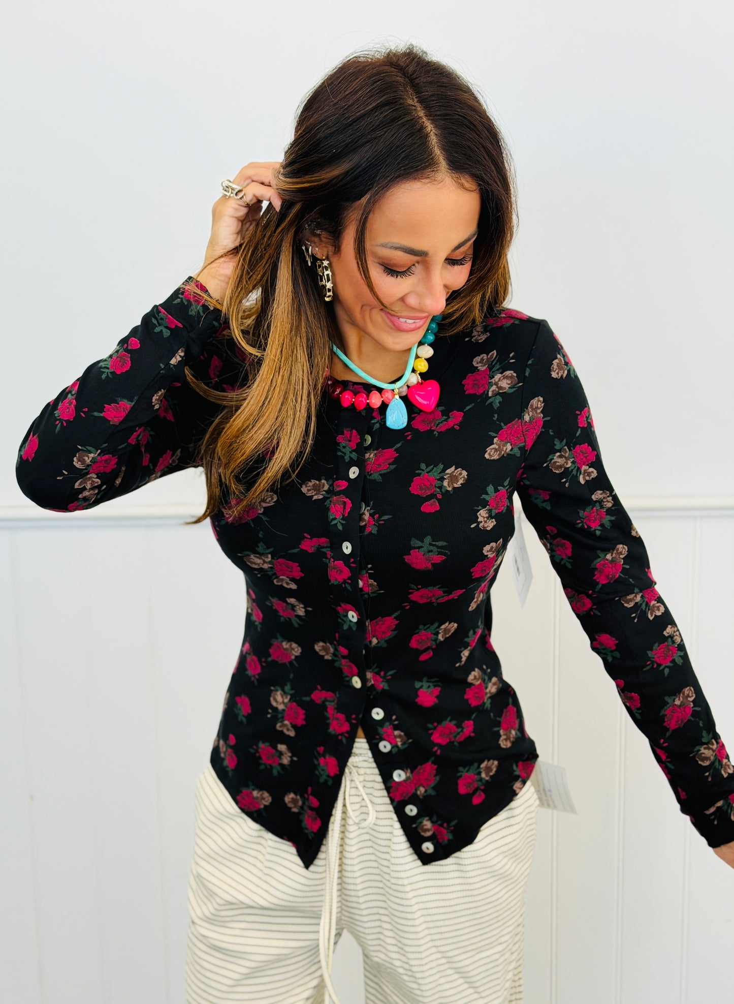 Black/Fuchsia Floral Long Sleeve Top (Reg. and Plus)