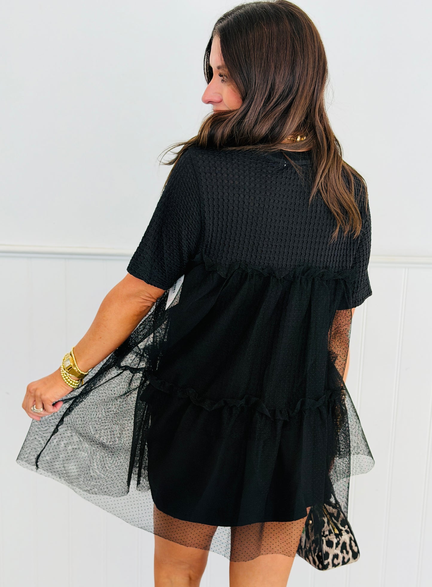 Black Waffle Knit Mesh Blouse (Reg. and Plus)