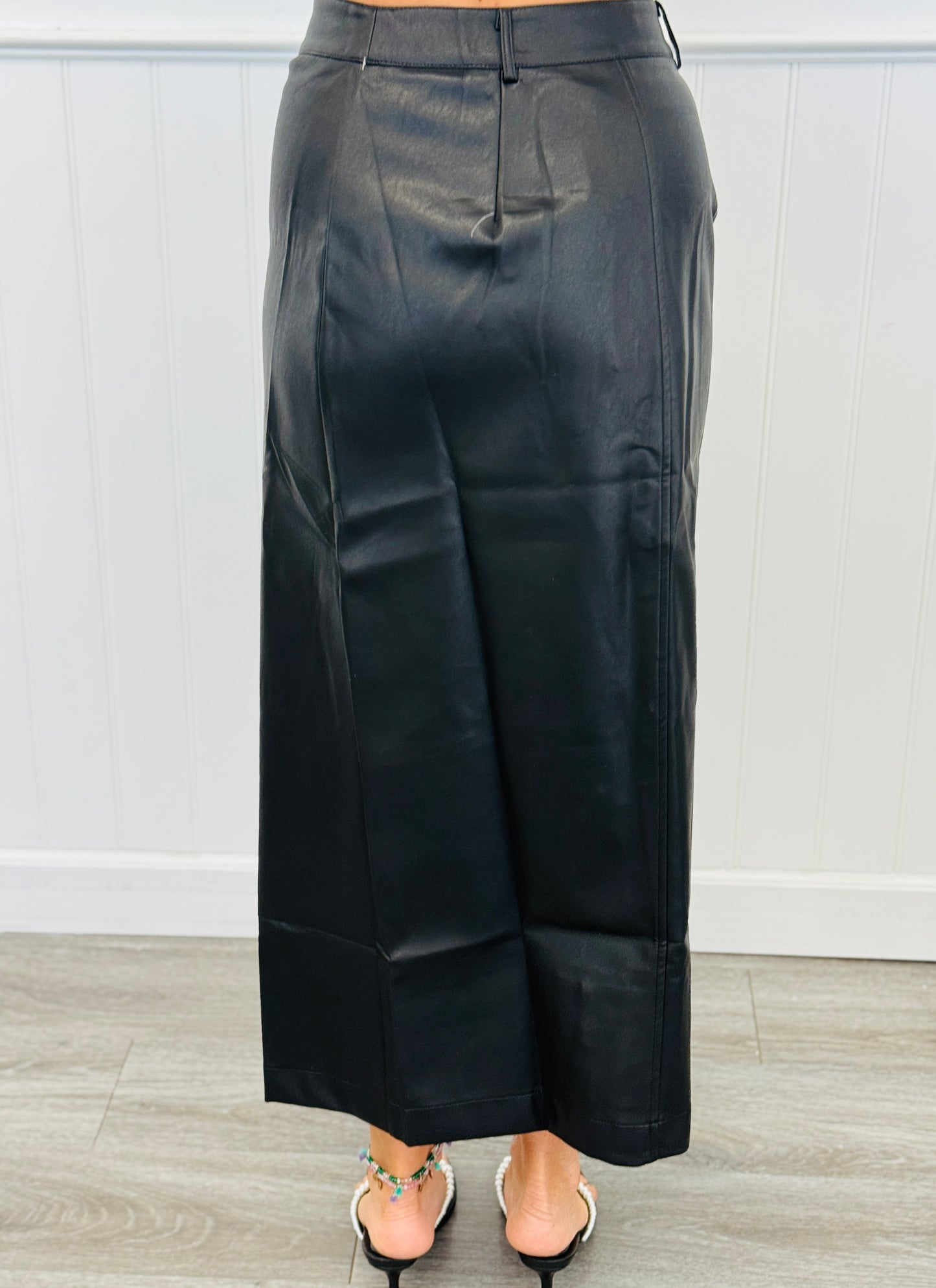 Black Faux Leather Button Down Midi Skirt (Reg)