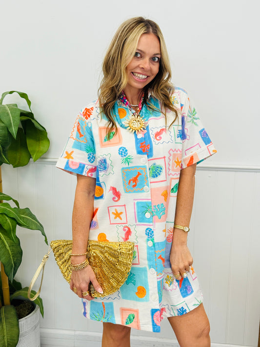 Blue Sea Multi Print Button Up Mini Dress (Reg. and Plus)