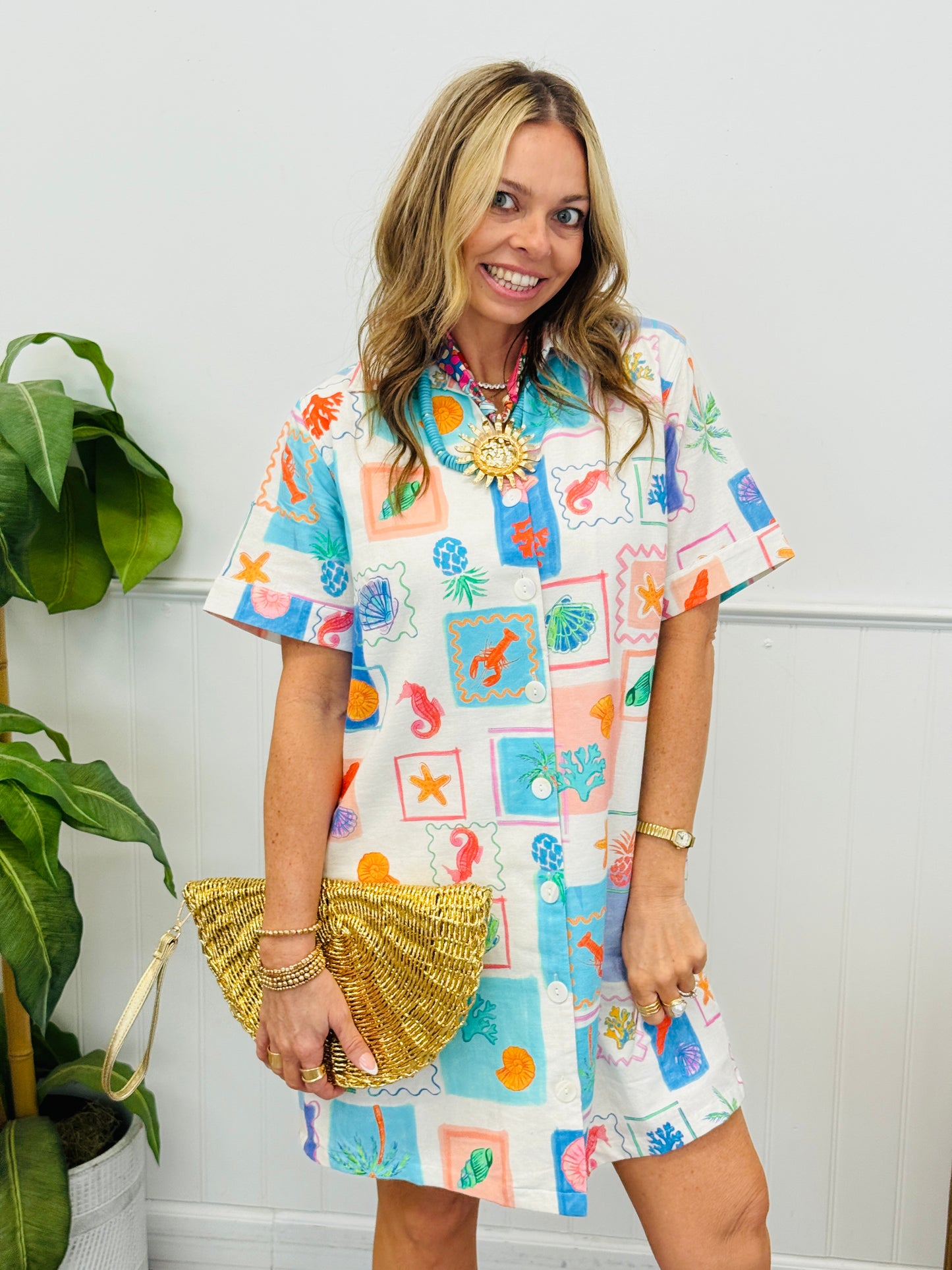 Blue Sea Multi Print Button Up Mini Dress (Reg. and Plus)