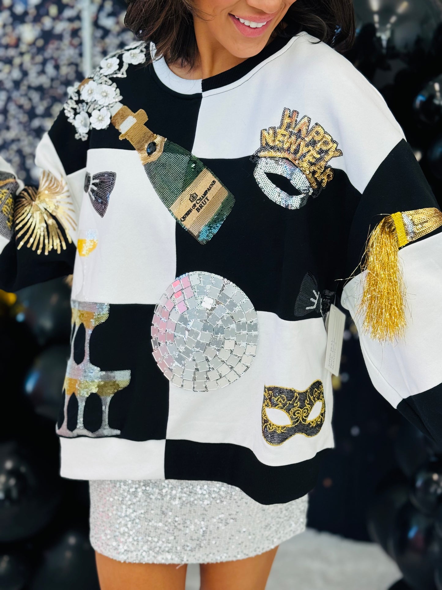 Queen Of Sparkles Black & White Checkered NYE Icon Sweatshirt (Reg. and Plus)