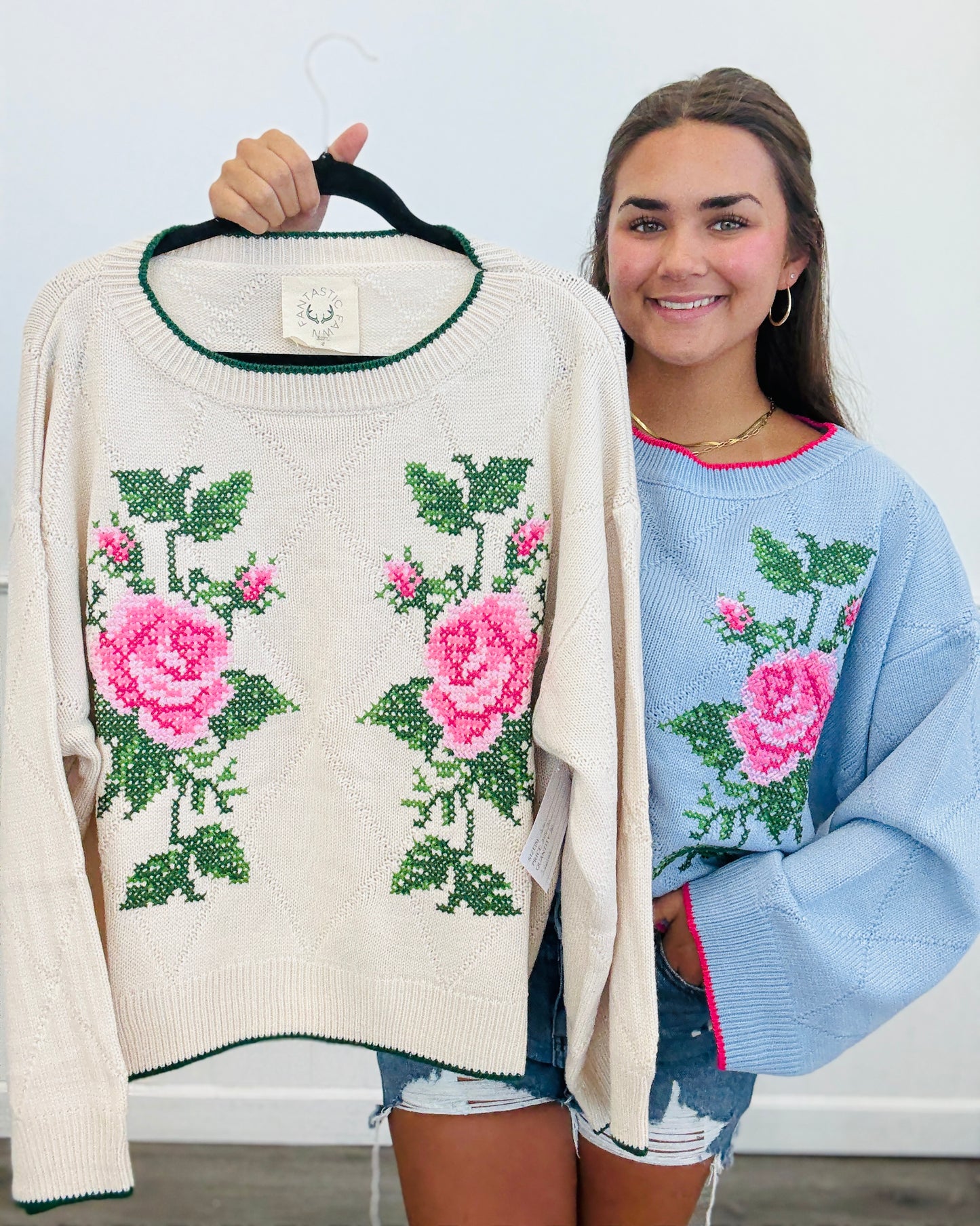 Rose X-Embroidery Jacquard Knit Sweater (Reg.) - 2 Colors