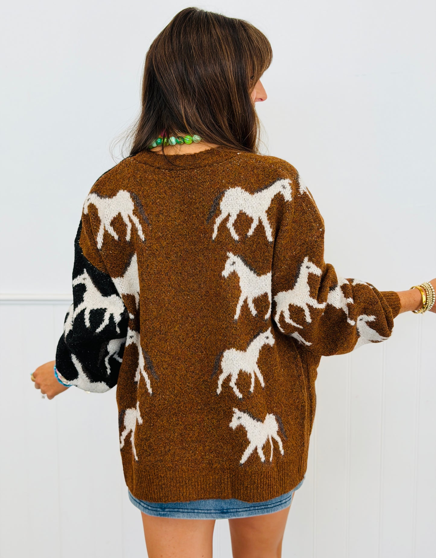 Mocha/Black Horse Graphic Sweater Cardigan  (Reg & Plus)