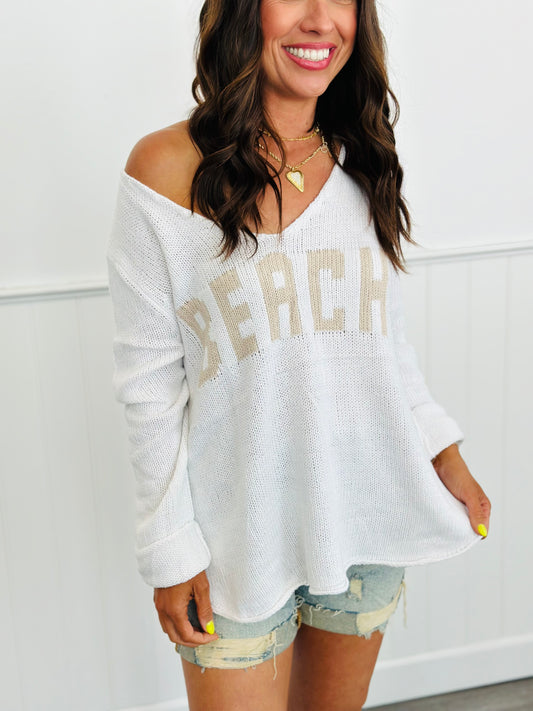 White/Khaki Beach V-Neck Sweater Top (Reg)