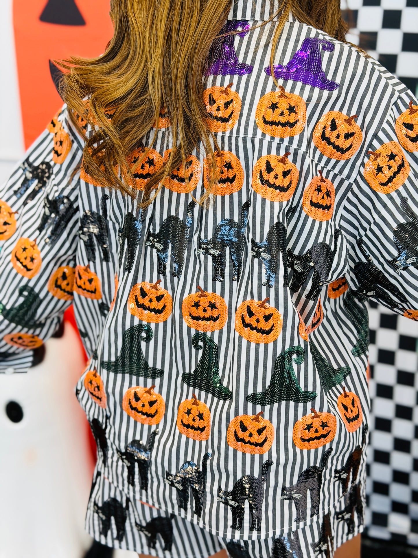 Queen Of Sparkles Black & White Striped Halloween Icon Button Up Top (Reg. and Plus)