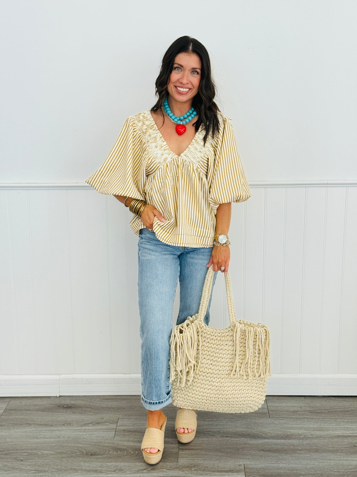 Taupe Combo Striped Bubble Sleeve Blouse (Reg & Plus)