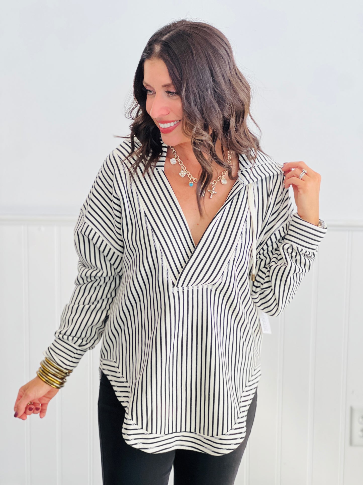 Black/Cream Striped Hooded Sweater (Reg.)