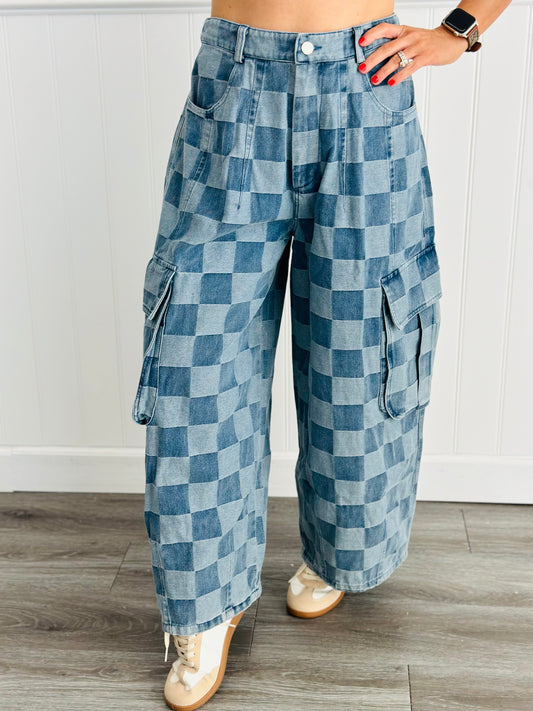 Washed Denim Checkered Cargo Pants (Reg)