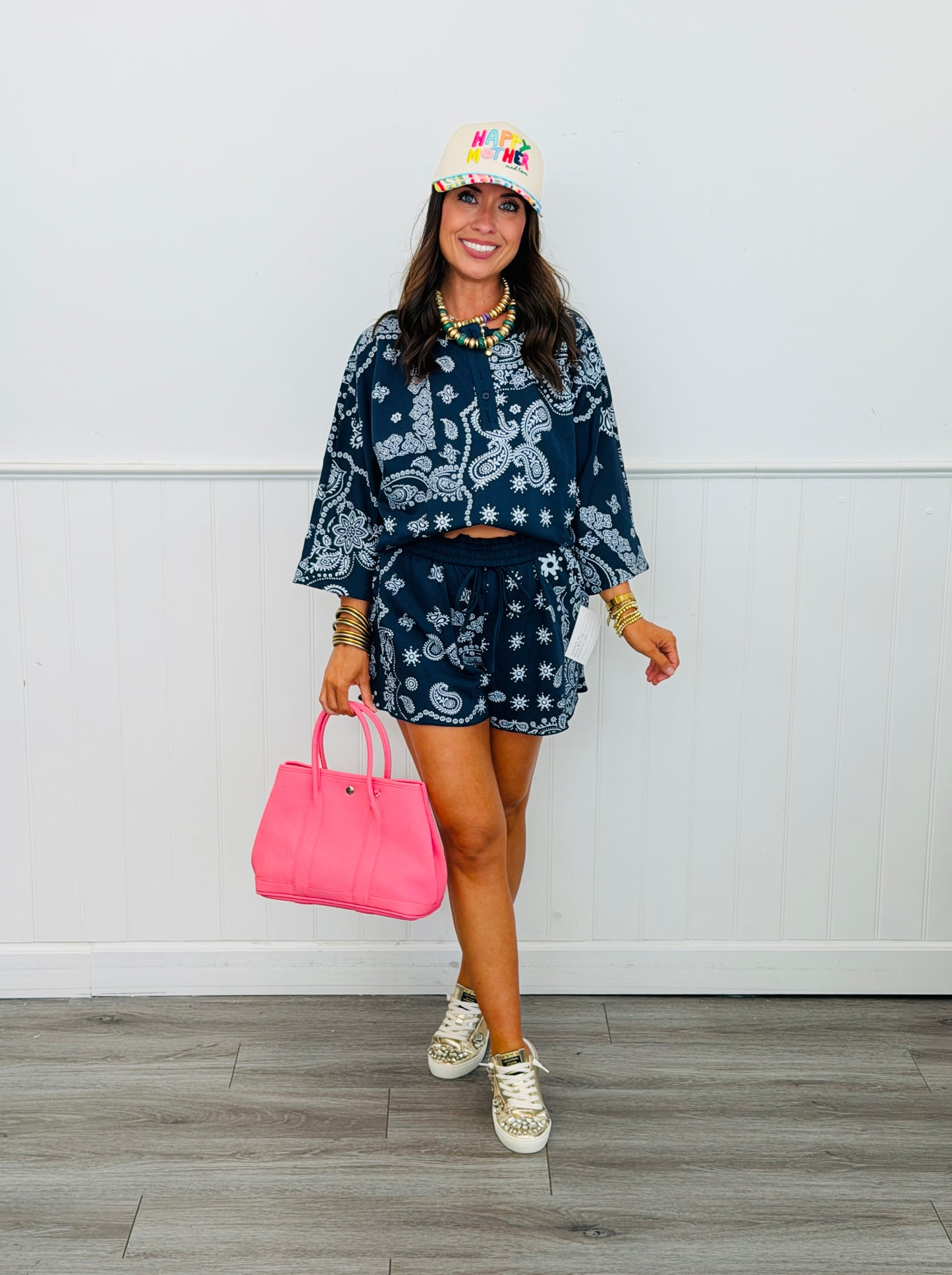 Navy Bandana Paisley Print Henley Top & Shorts Set (Reg.)