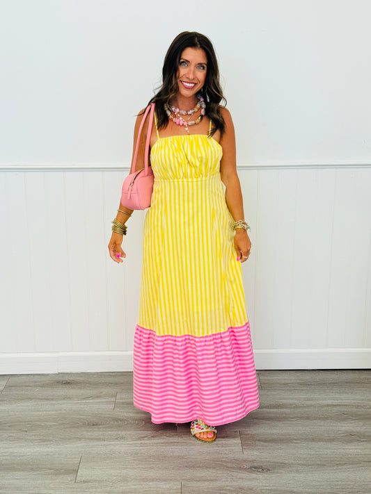 Yellow Striped Back Bow Tie Midi Dress (Reg.)
