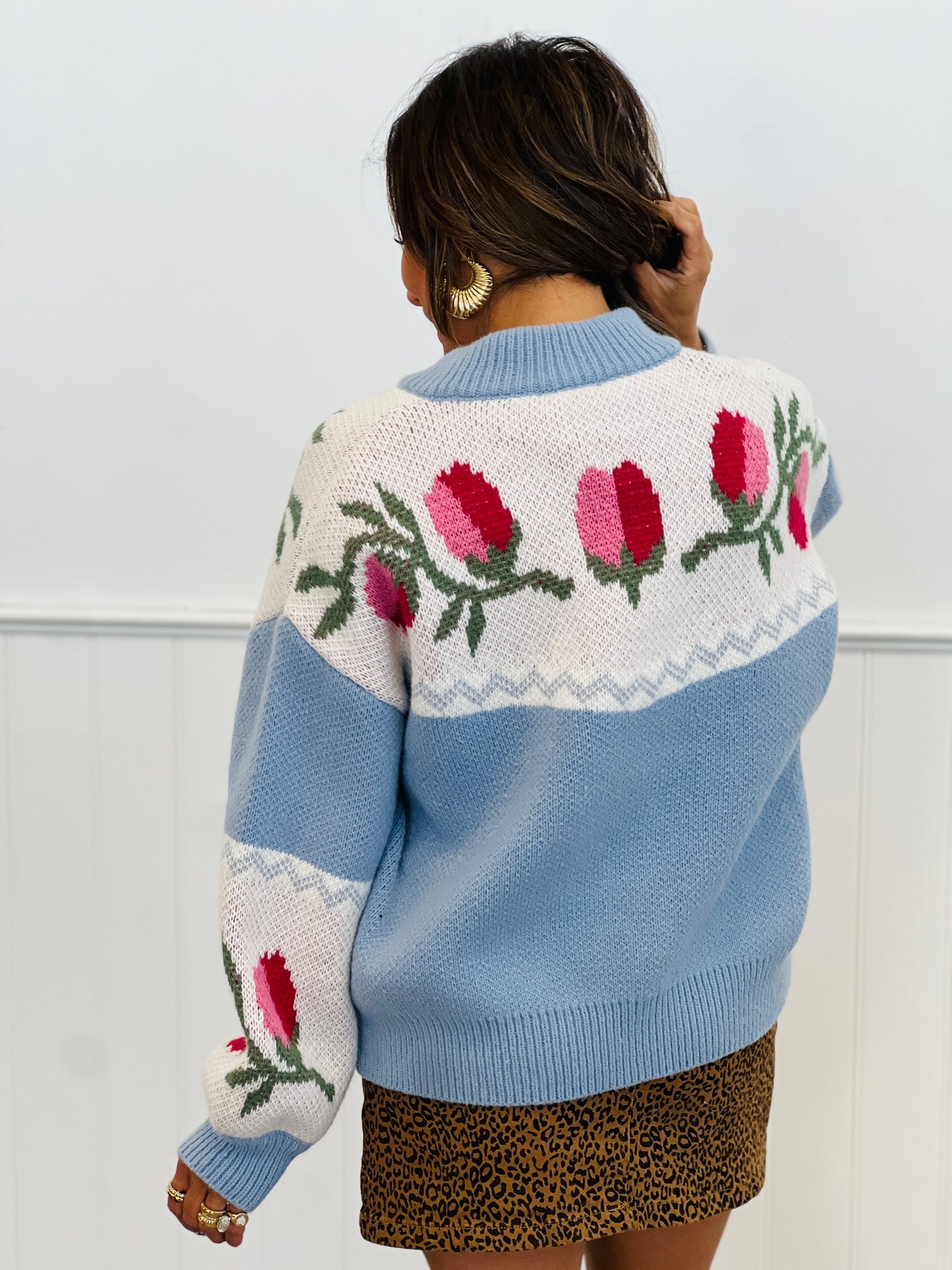 Light Blue Floral Zip Up Sweater Jacket (Reg.)