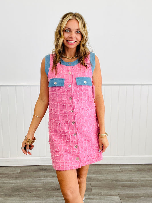 Pink Boucle Sleeveless Mini Dress (Reg)