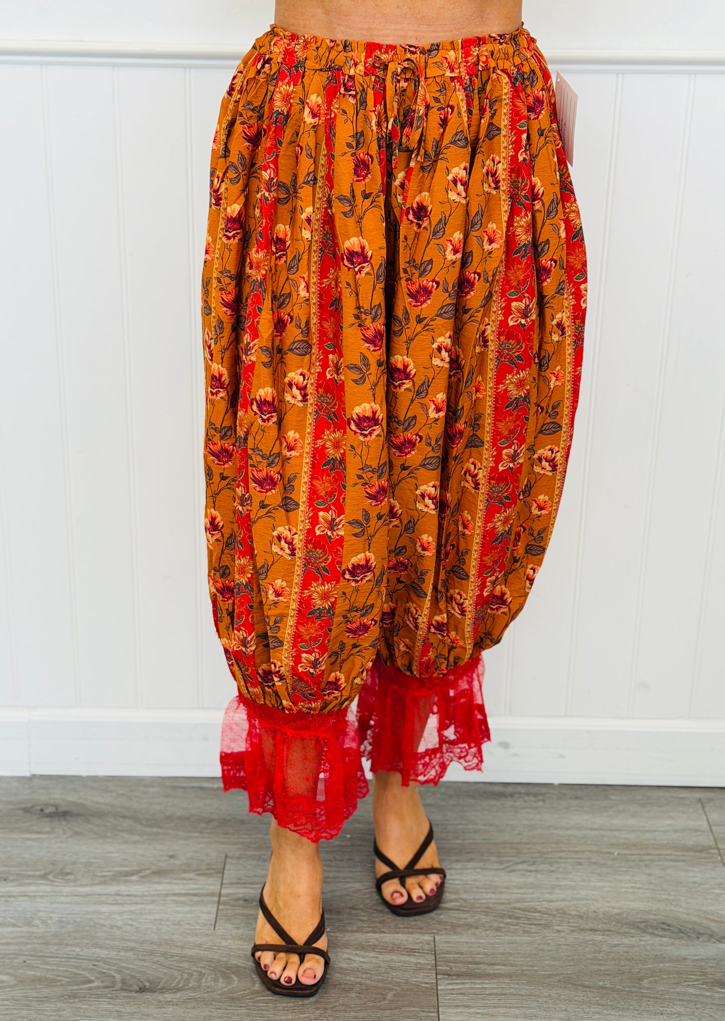 Rust Floral Lace Hem Harem Pants  (Reg & Plus)