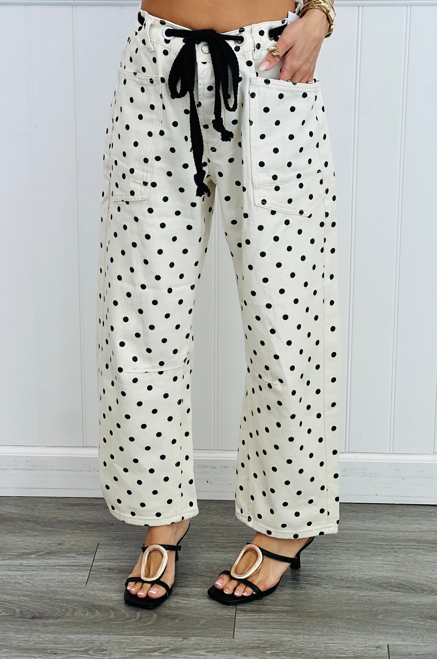 Cream Denim Polka Dot Barrel Pants (Reg.)
