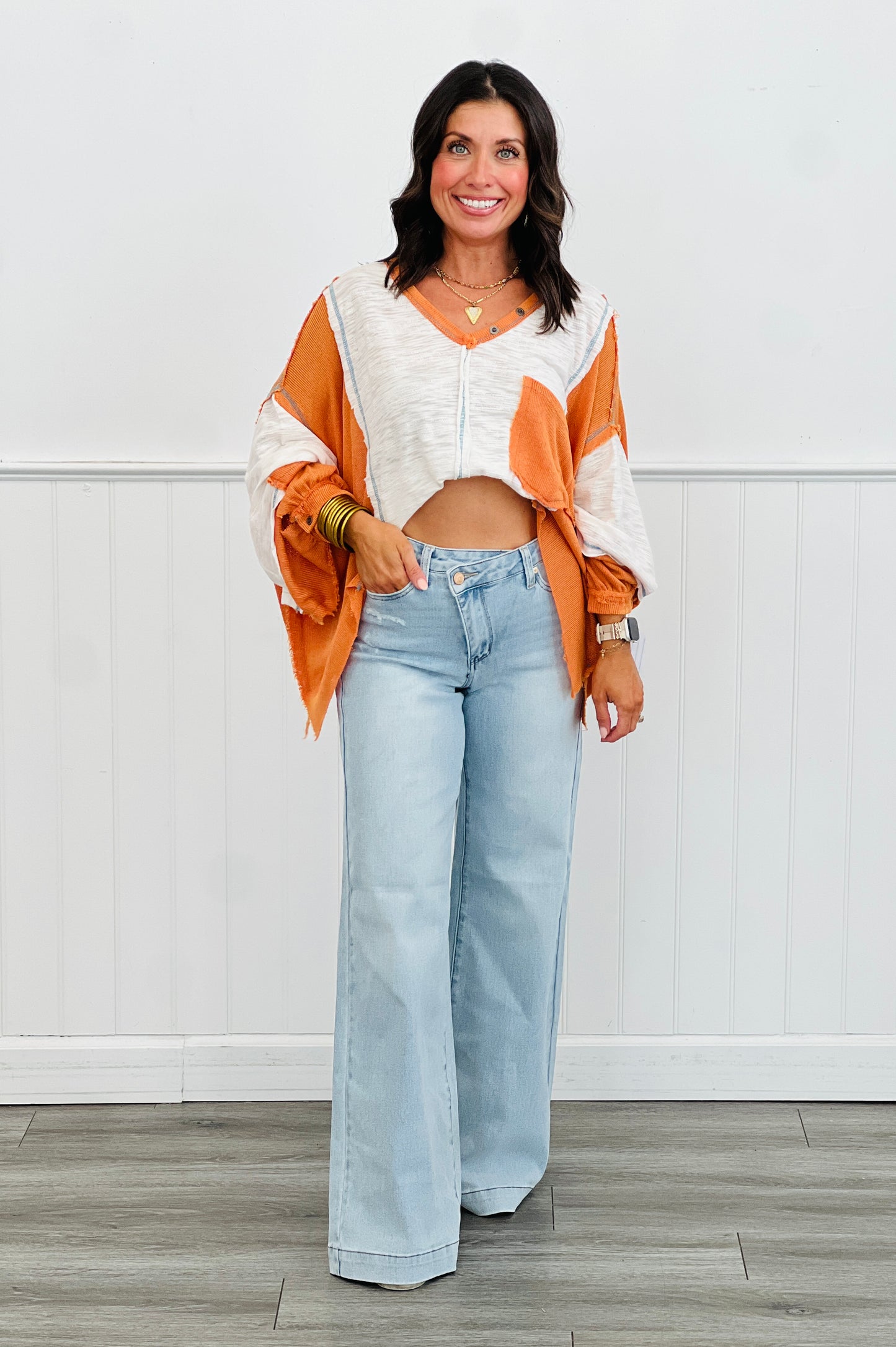 POL Ivory/Orange Color Block Balloon Sleeve Top (Reg.)
