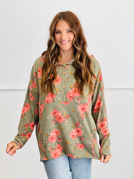 Olive Vintage Floral Ribbed Hoodie Top (Reg & Plus)