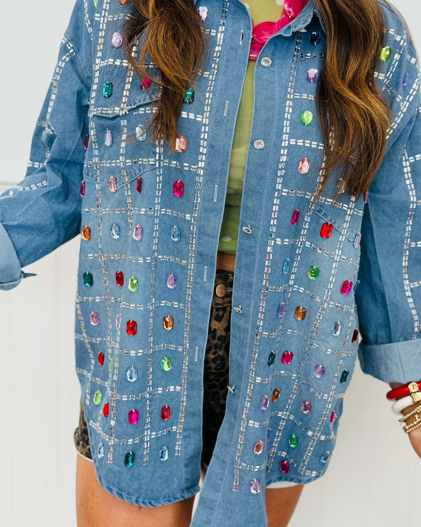 Denim Multi Crystal & Rhinestone Shacket (One Size)