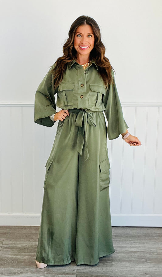 Olive Satin Cargo Jumpsuit (Reg & Plus)