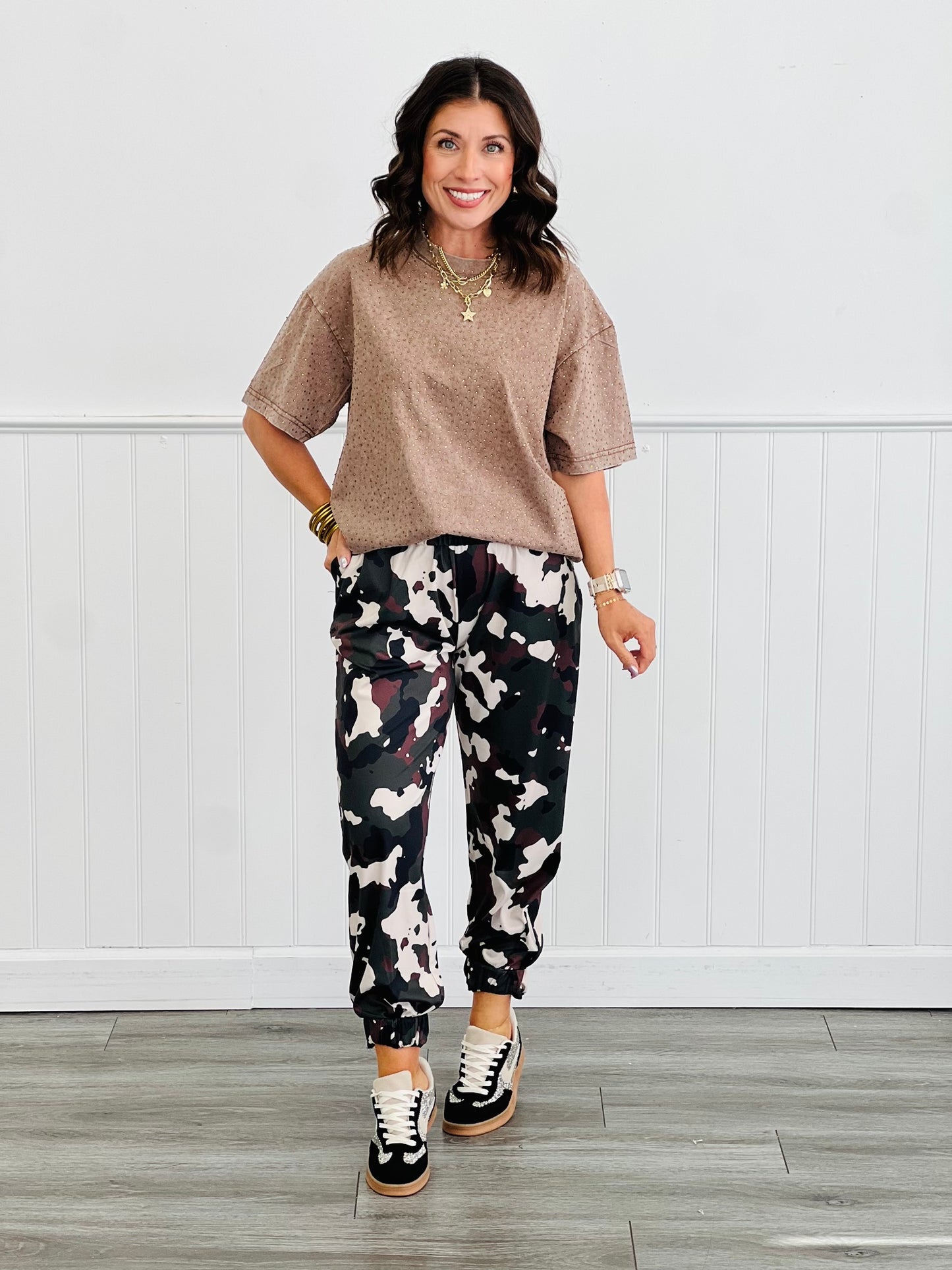 Brown Rhinestone Short Sleeve Top (Reg.)