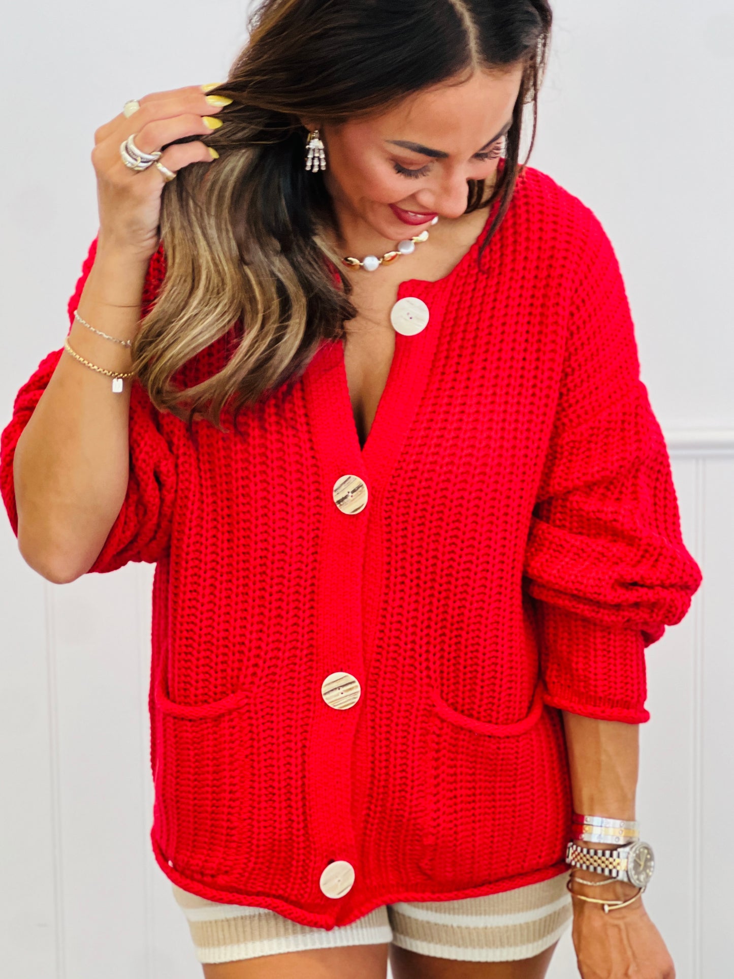 Red Shell Buttons Sweater Cardigan (Reg & Plus)