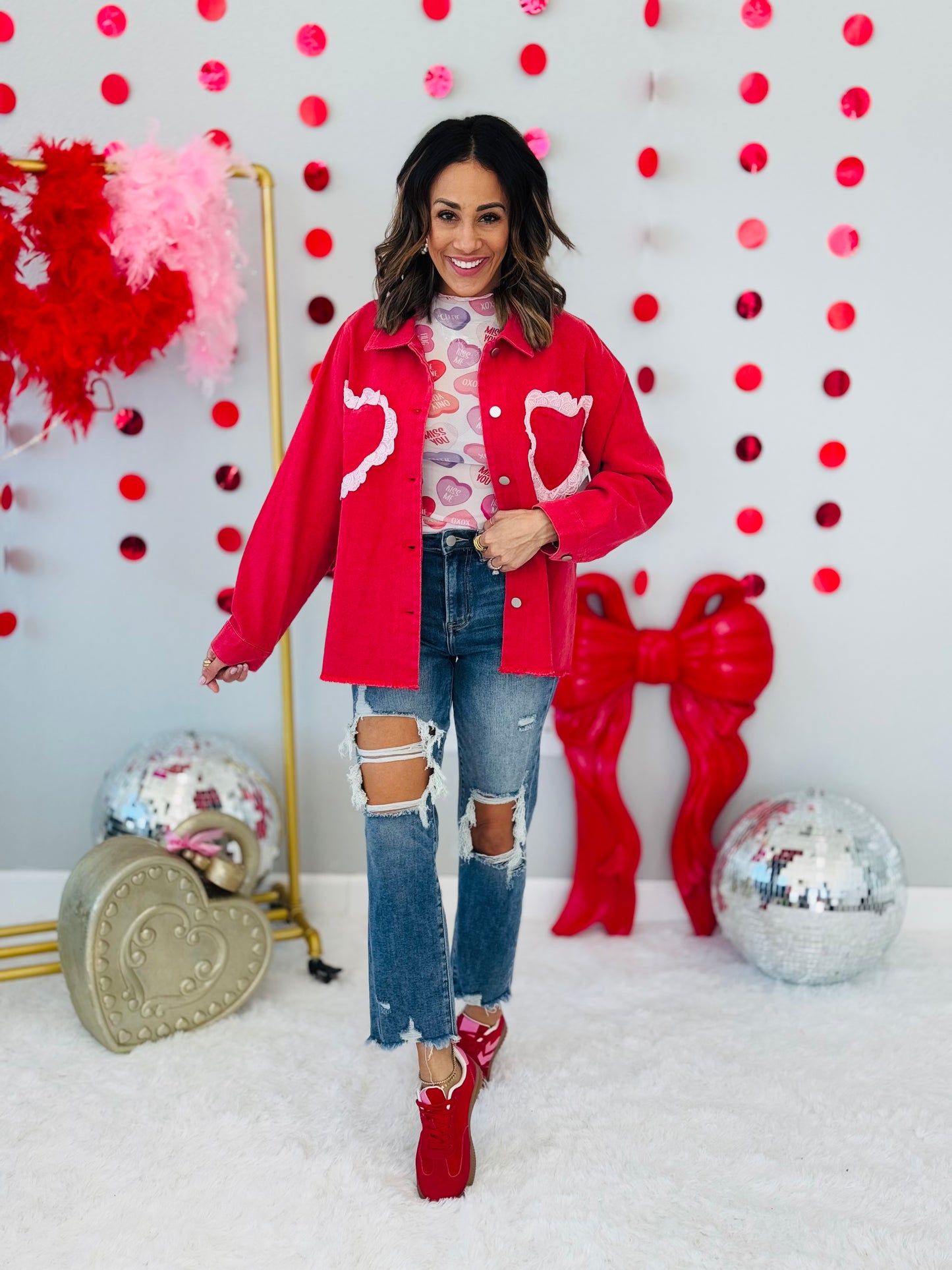 Red Lace Ruffle Hearts Pocket Shacket ( Reg. & Plus)