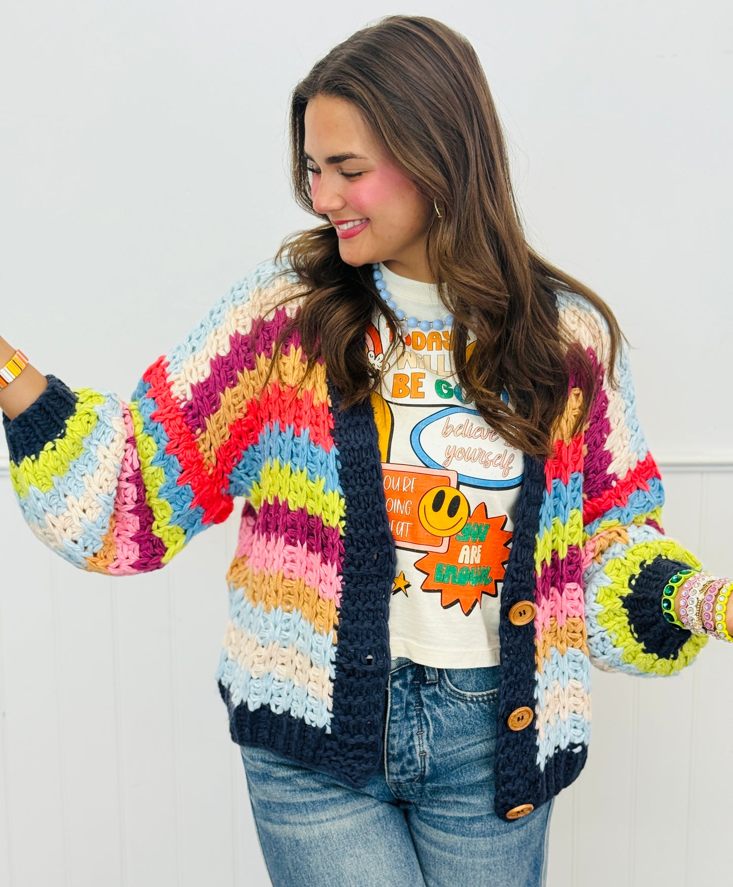 Navy Multi Stripe Chunky Knit Cardigan (Reg & Plus)