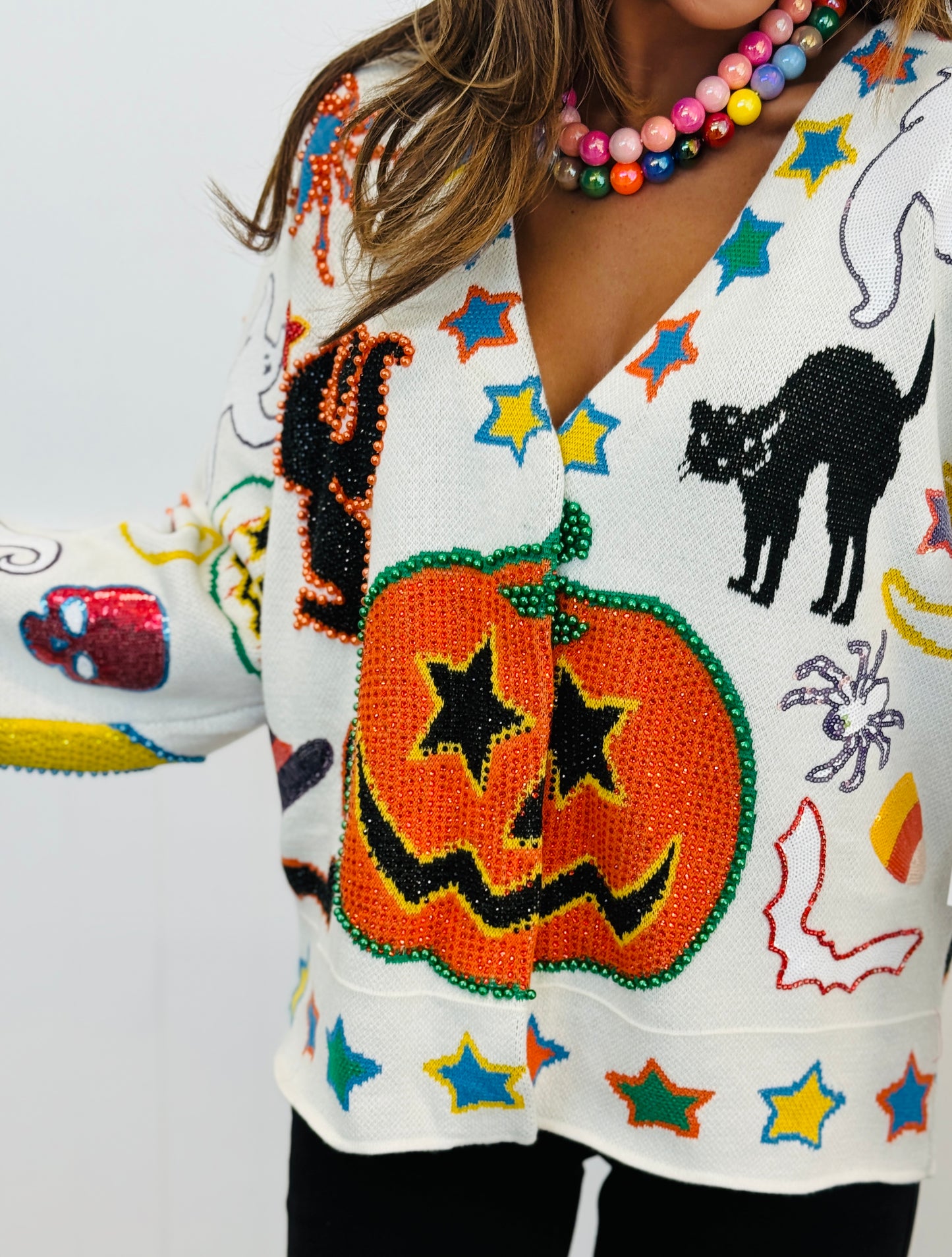 Queen Of Sparkles Ivory Halloween Icon Button Up Cardigan (Reg. and Plus)