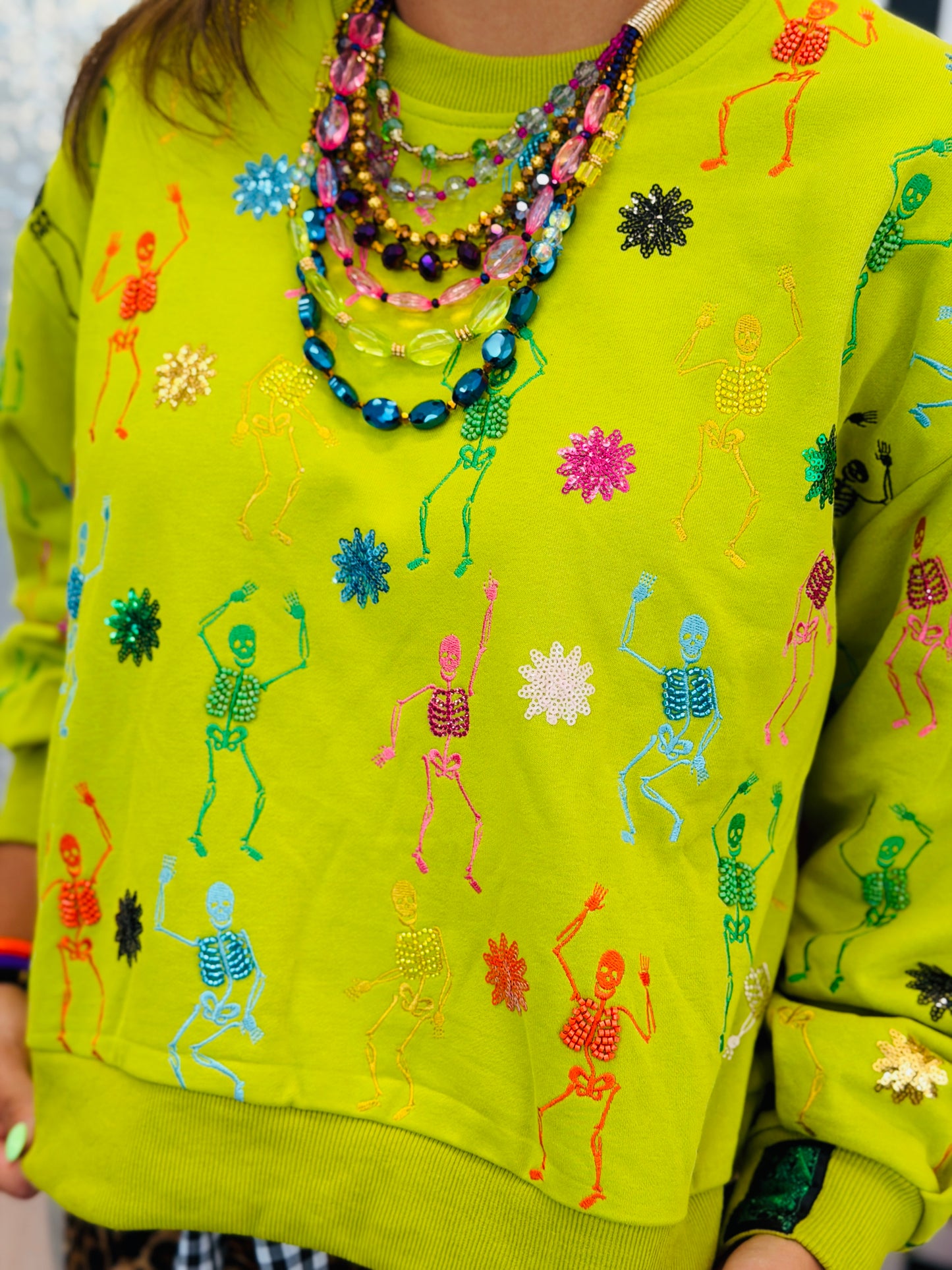 Queen Of Sparkles Lime Green Multi Skeleton Sweatshirt (Reg. and Plus)