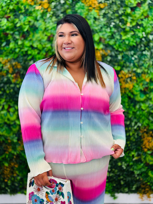 Ombre Pleated Button Down Blouse (Reg. and Plus)