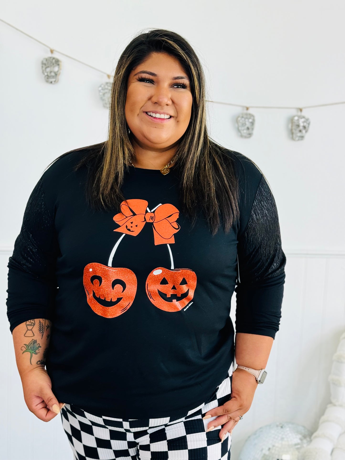 Cherry Pumpkins Black Long Sleeve Top (Reg. & Plus)