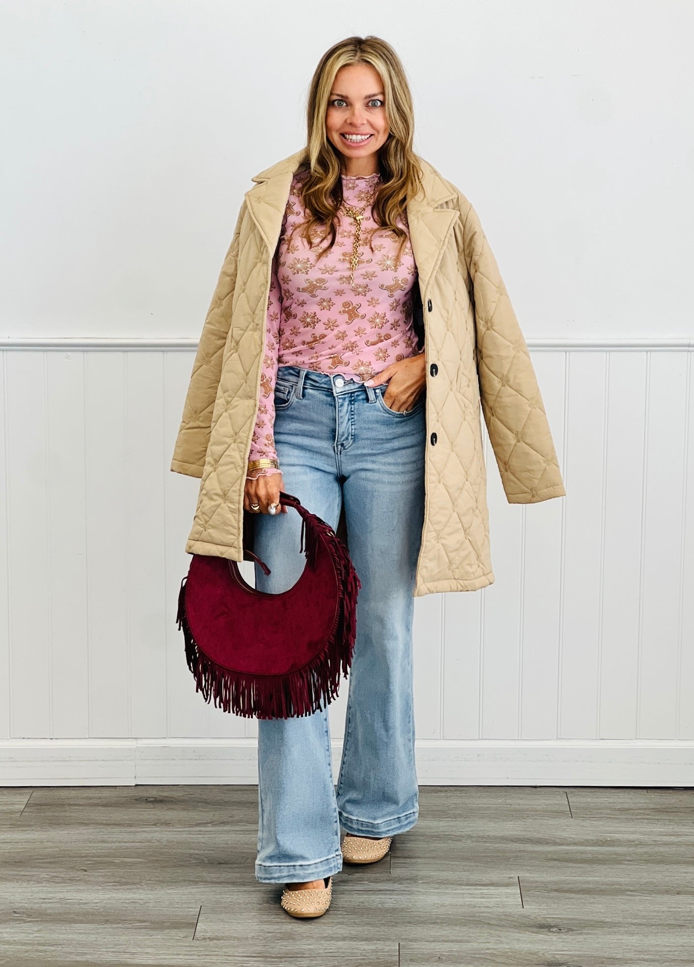 Gingerbread Print Long Sleeve Mesh Top (Reg. and Plus)