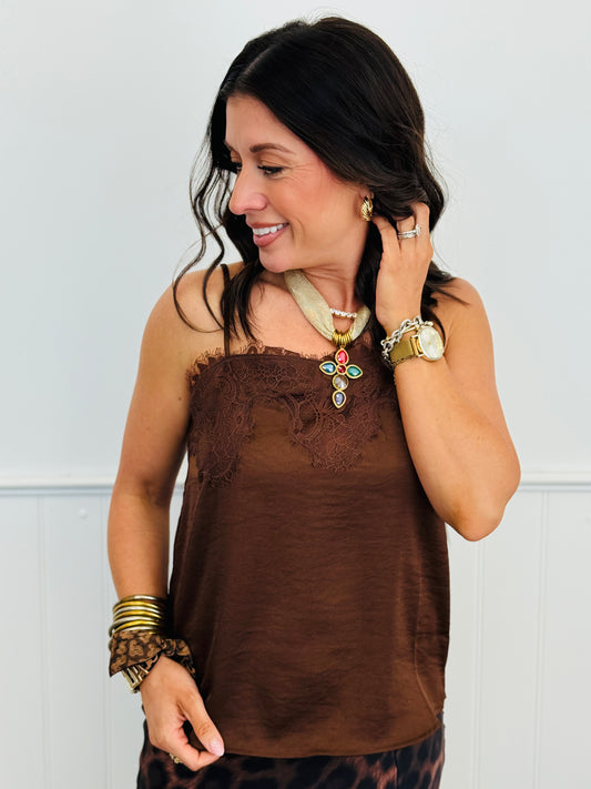 Dark Brown Satin Lace Trim Cami Top (Reg.)