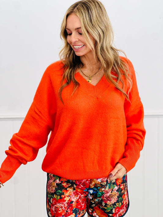 Orange Red V-Neck Sweater Top (Reg.)
