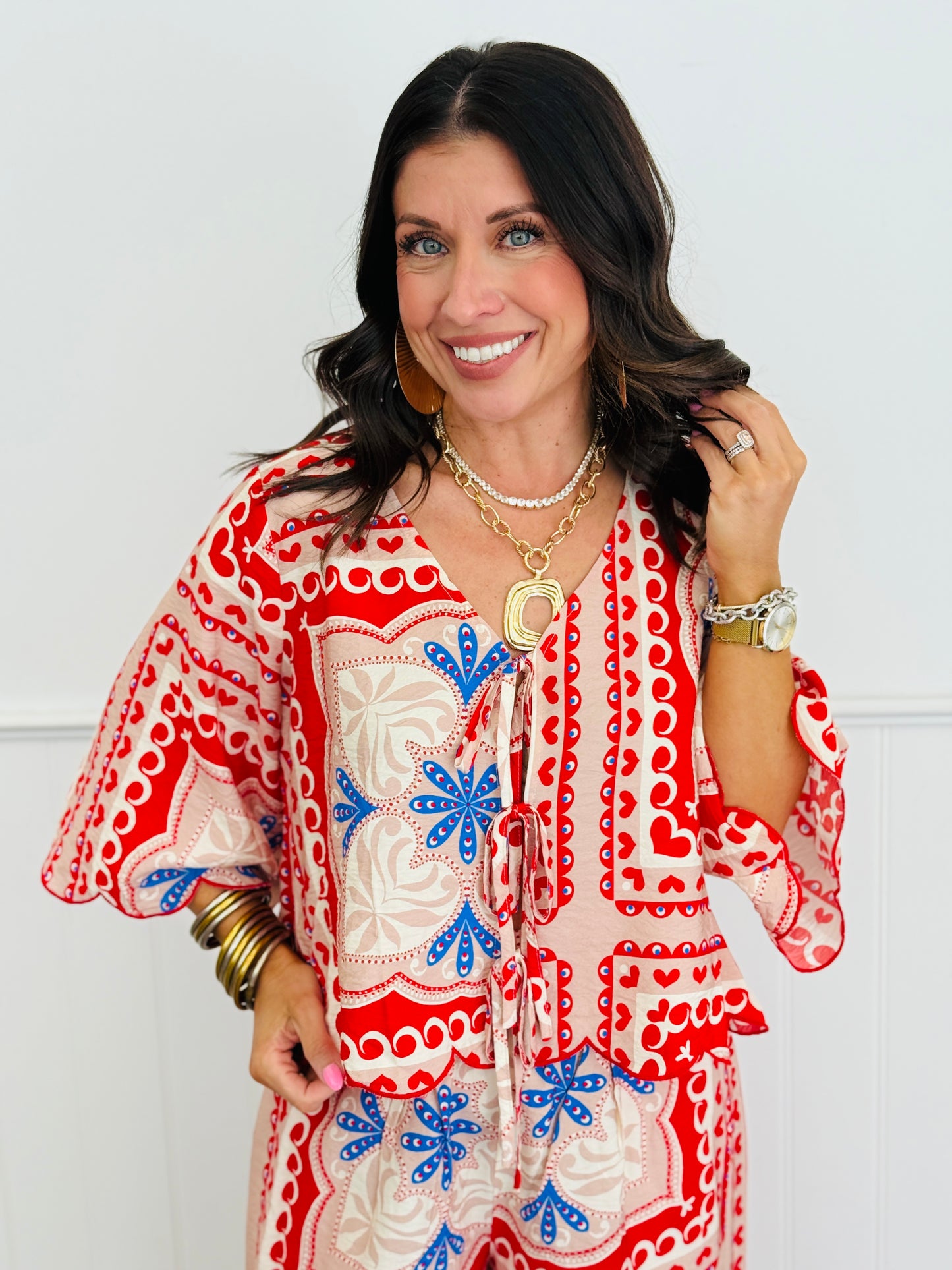 Red Blossom Front Tie Top & Pant Set (Reg. and Plus)