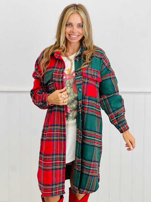 Green/Plaid Flannel Longline Shacket (Reg. and Plus)