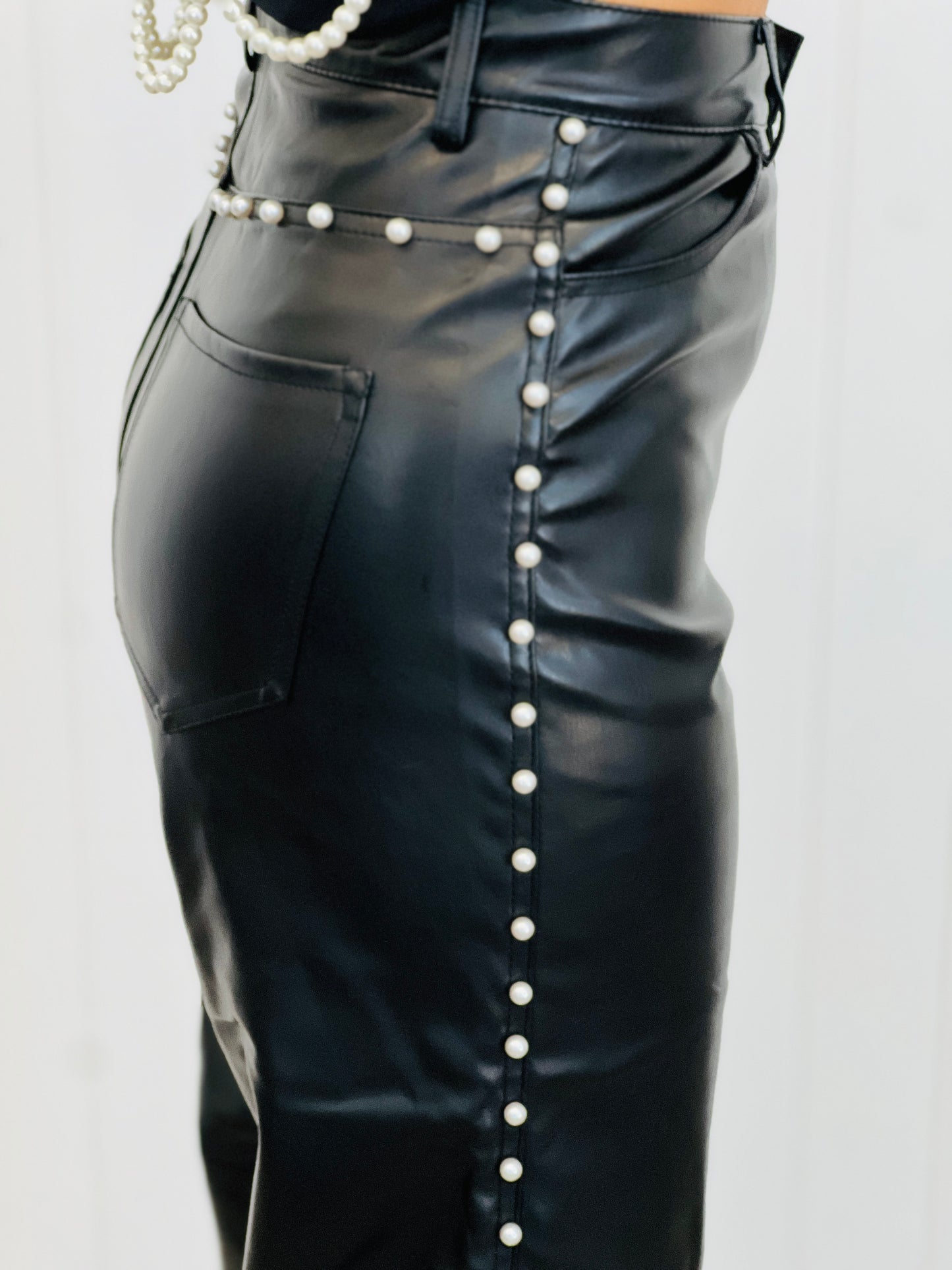 Black Vegan Leather Pearl Detailed Wide Leg Pants (Reg.)