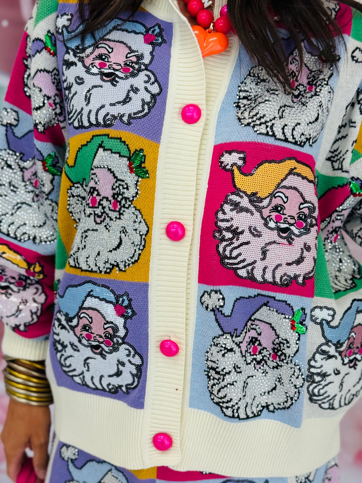 Queen Of Sparkles Pastel Colorblock Santa Button Up Cardigan (Reg. and Plus)